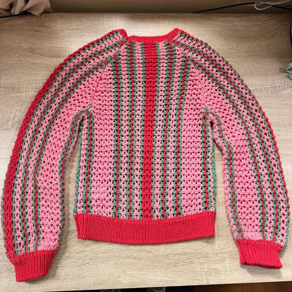New Free People Dayton Pullover Crochet Knit Striped Sweater Red Pink XS - Picture 4 of 10
